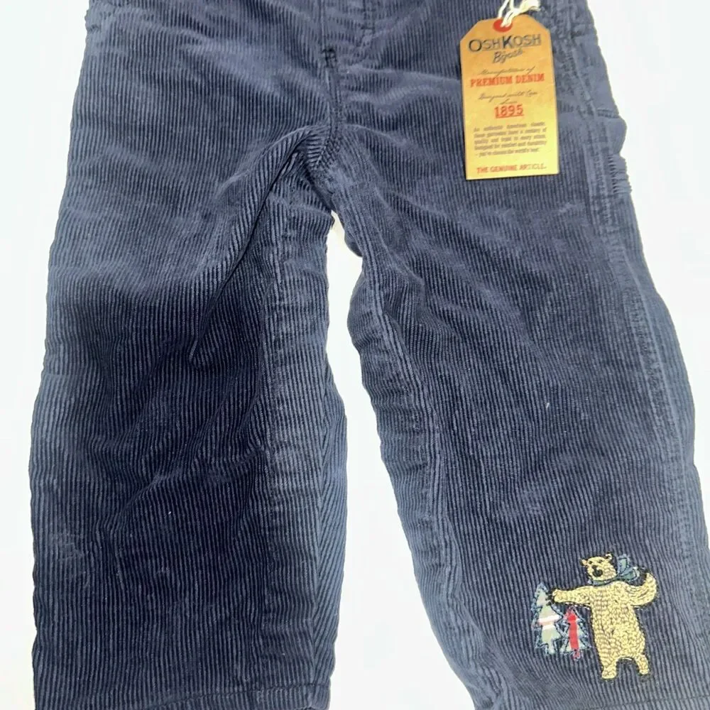 Vintage OSHKOSH B'GOSH navy Blue Corduroy Bear Print Overalls Kids 24 Months